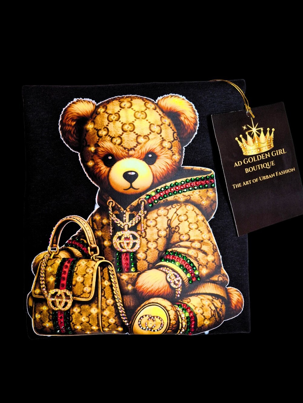 Luxury Teddy Bear Rhinestone Graphic Tee - Black Size M